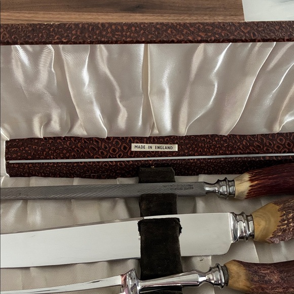 Vintage Cooper Bros & Sons Sheffield England Stag Antler Handle Carving Set; 3pc - Picture 3 of 15